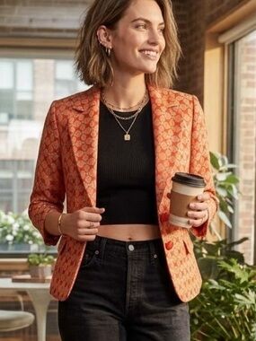 Halogen | Clover Print Blazer — Coral & Gold Metallic — Fully Lined